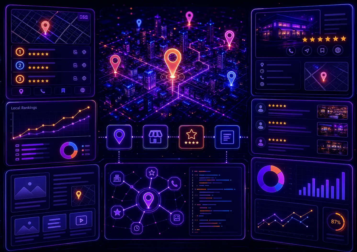 Local SEO dashboard for WordPress with glowing city map pins, business profile panels, review stars, location cards, schema nodes, local rankings and analytics charts in a neon interface.