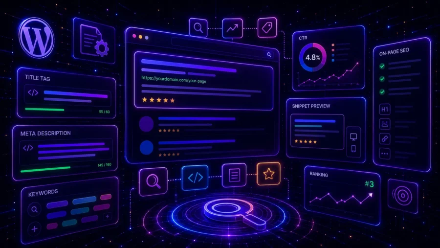 SEO titles and meta descriptions dashboard with title tag panels, meta description fields, keyword chips, Google snippet preview, CTR chart, ranking analytics and WordPress on-page SEO interface in a neon style.