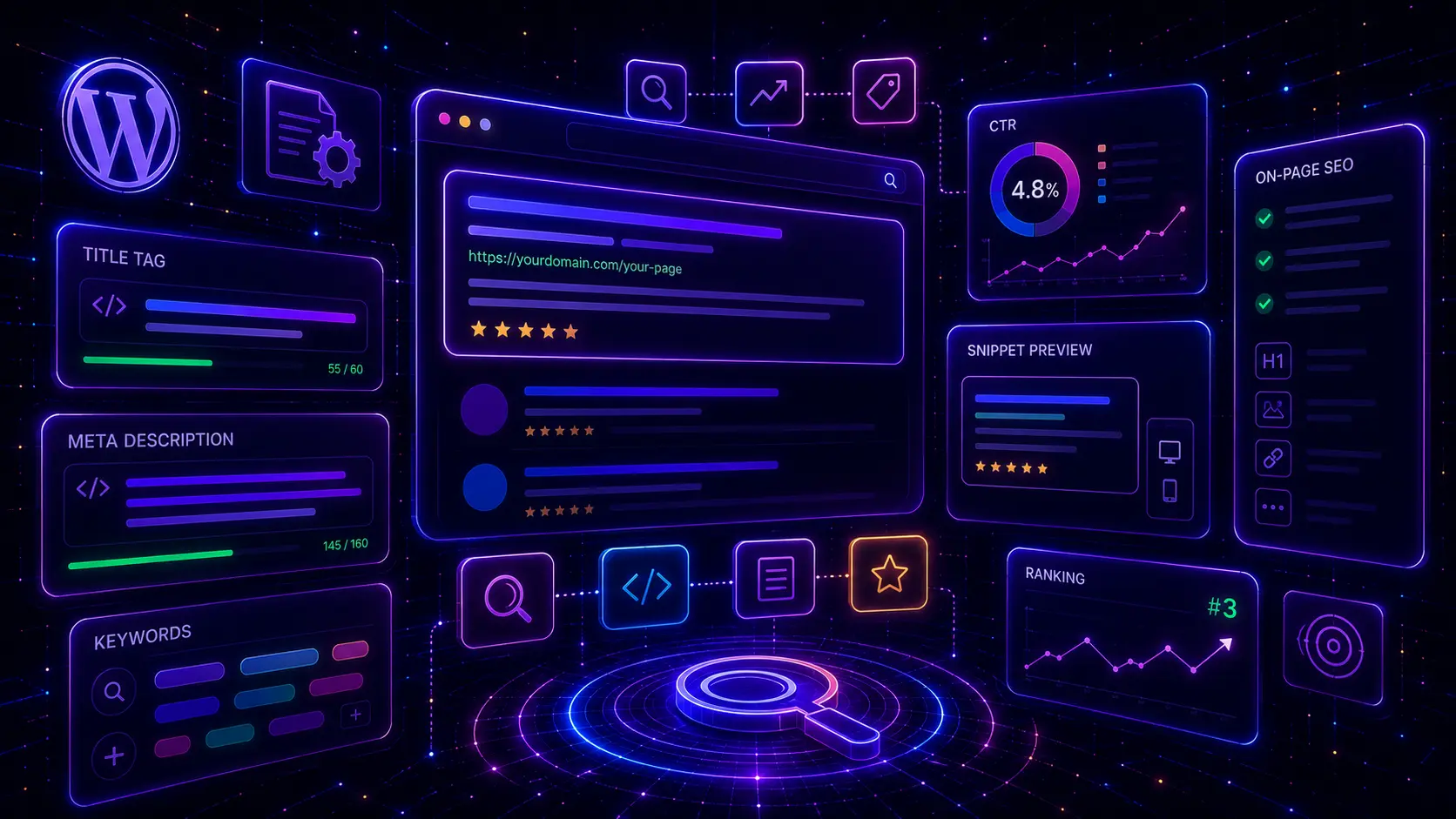 SEO titles and meta descriptions dashboard with title tag panels, meta description fields, keyword chips, Google snippet preview, CTR chart, ranking analytics and WordPress on-page SEO interface in a neon style.