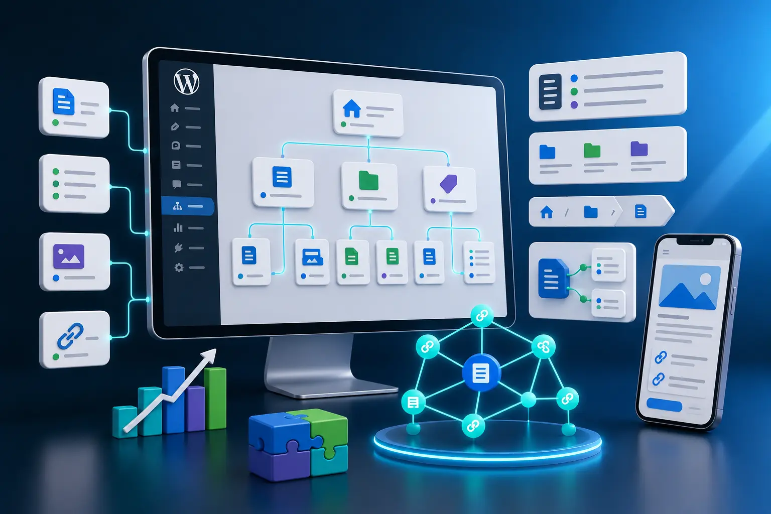 Website content structure for SEO dashboard with page hierarchy, categories, internal links, breadcrumbs, topic clusters, mobile preview and growth analytics in a modern blue interface.