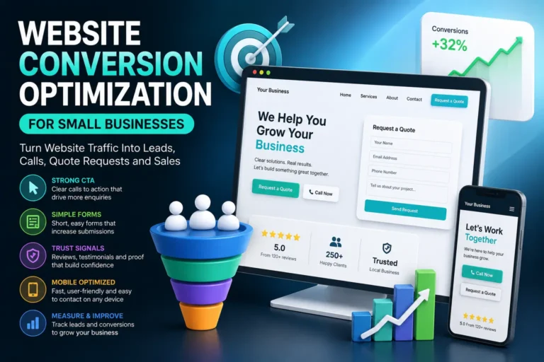 Website conversion optimization dashboard with lead funnel, quote request form, CTA buttons, trust signals, review stars, mobile contact screen and conversion analytics in a modern interface.