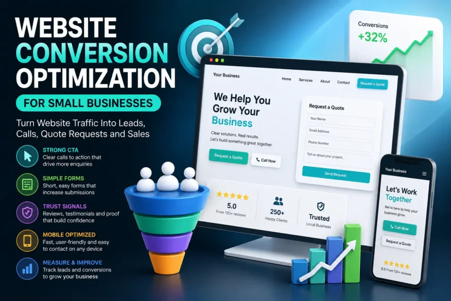 Website conversion optimization dashboard with lead funnel, quote request form, CTA buttons, trust signals, review stars, mobile contact screen and conversion analytics in a modern interface.