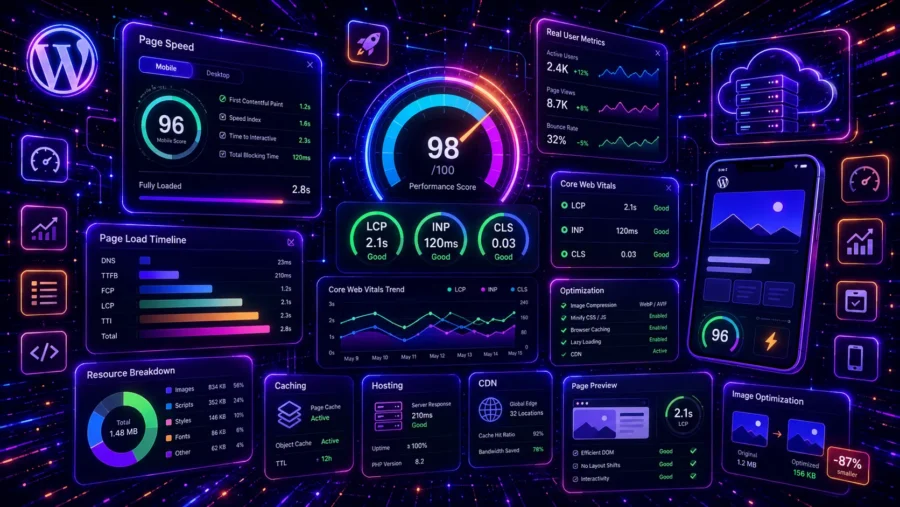 WordPress Core Web Vitals performance dashboard with LCP, INP, CLS metrics, page speed score, mobile preview, caching, hosting, CDN and image optimization panels in a neon interface.