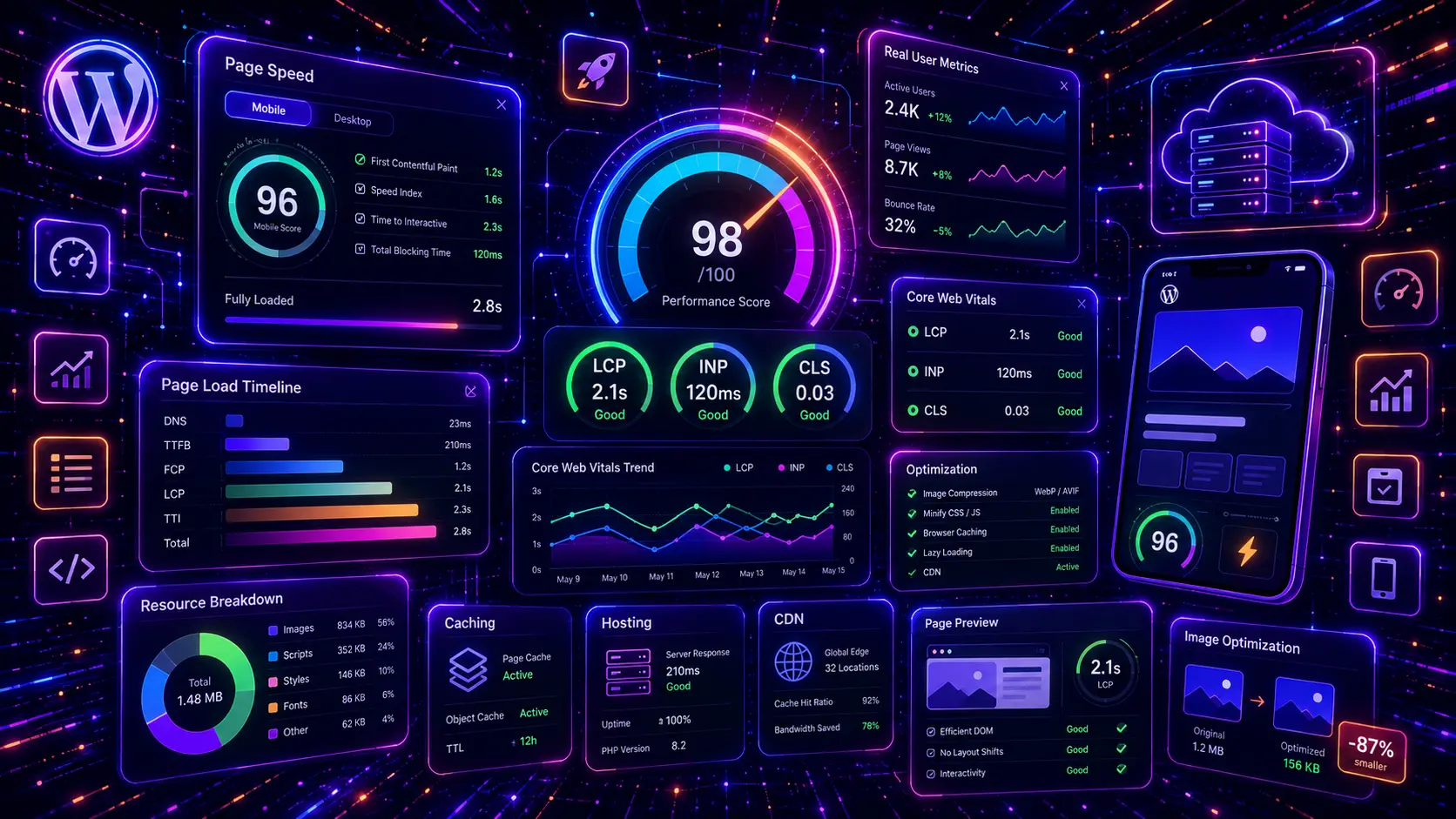 WordPress Core Web Vitals performance dashboard with LCP, INP, CLS metrics, page speed score, mobile preview, caching, hosting, CDN and image optimization panels in a neon interface.