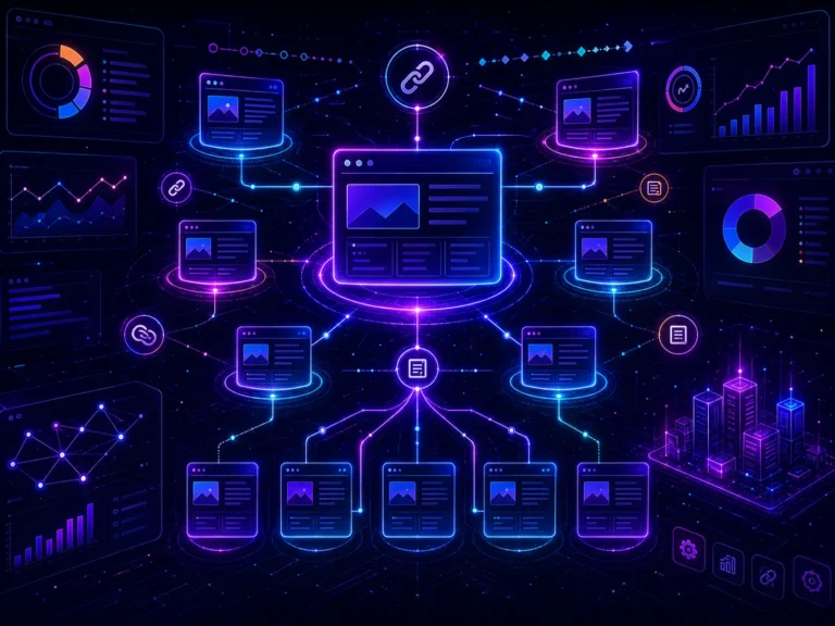 WordPress internal linking strategy dashboard with connected content nodes, pillar page cards, topic clusters, link paths, breadcrumb icons and SEO analytics panels in a neon interface.