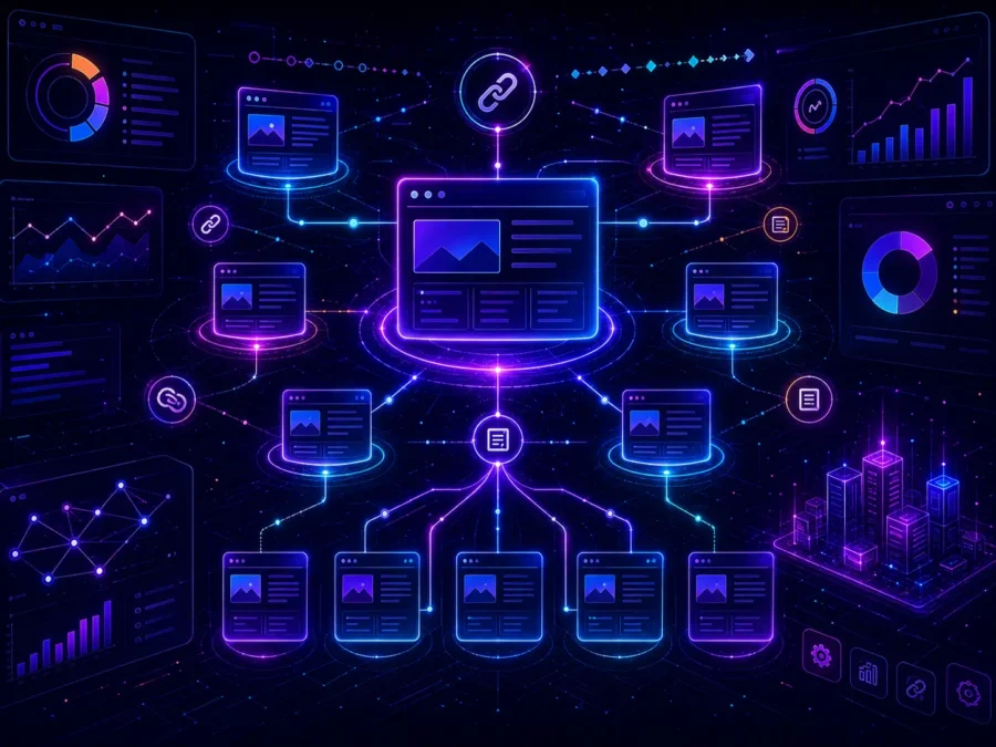 WordPress internal linking strategy dashboard with connected content nodes, pillar page cards, topic clusters, link paths, breadcrumb icons and SEO analytics panels in a neon interface.