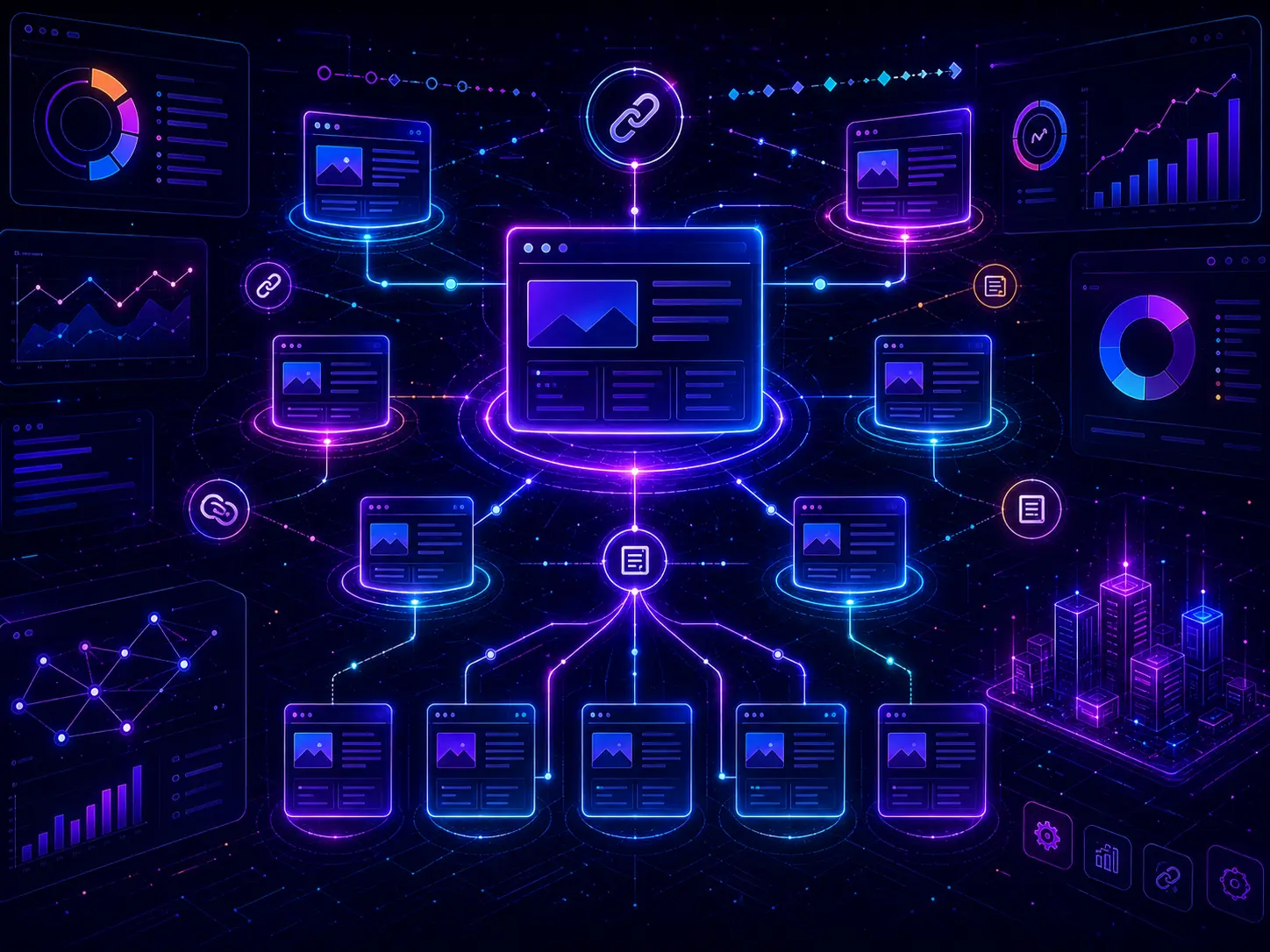 WordPress internal linking strategy dashboard with connected content nodes, pillar page cards, topic clusters, link paths, breadcrumb icons and SEO analytics panels in a neon interface.