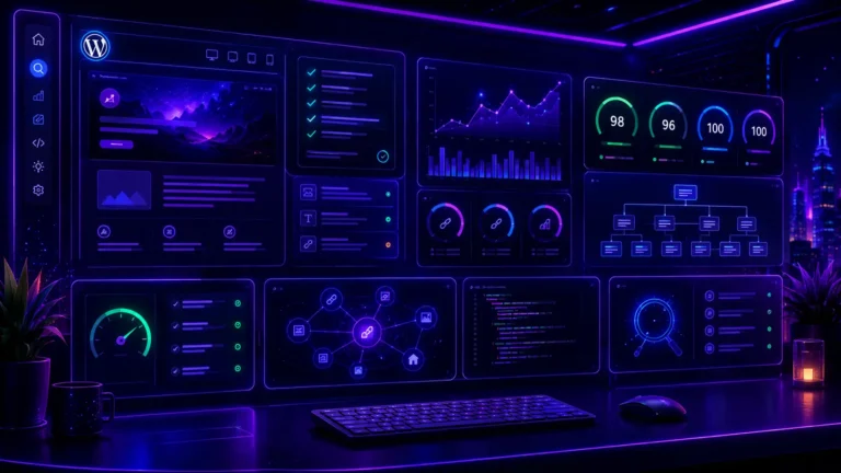 WordPress SEO dashboard with website structure, analytics, Core Web Vitals gauges, schema nodes and internal linking panels in a futuristic neon interface.