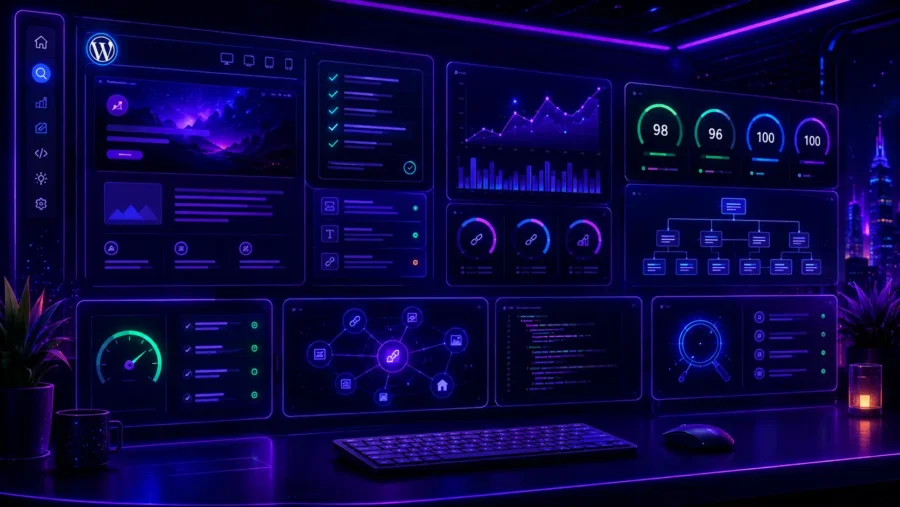 WordPress SEO dashboard with website structure, analytics, Core Web Vitals gauges, schema nodes and internal linking panels in a futuristic neon interface.