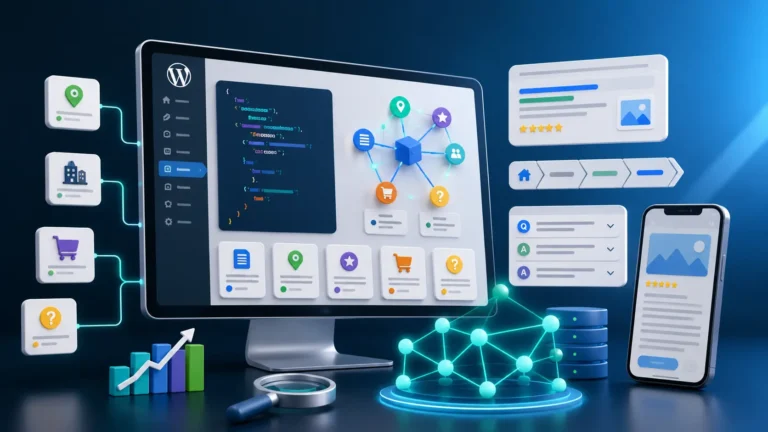 WordPress schema markup dashboard with structured data code, entity nodes, local business icons, product card, FAQ panel, breadcrumb path, mobile preview and schema validation visuals in a modern blue interface.