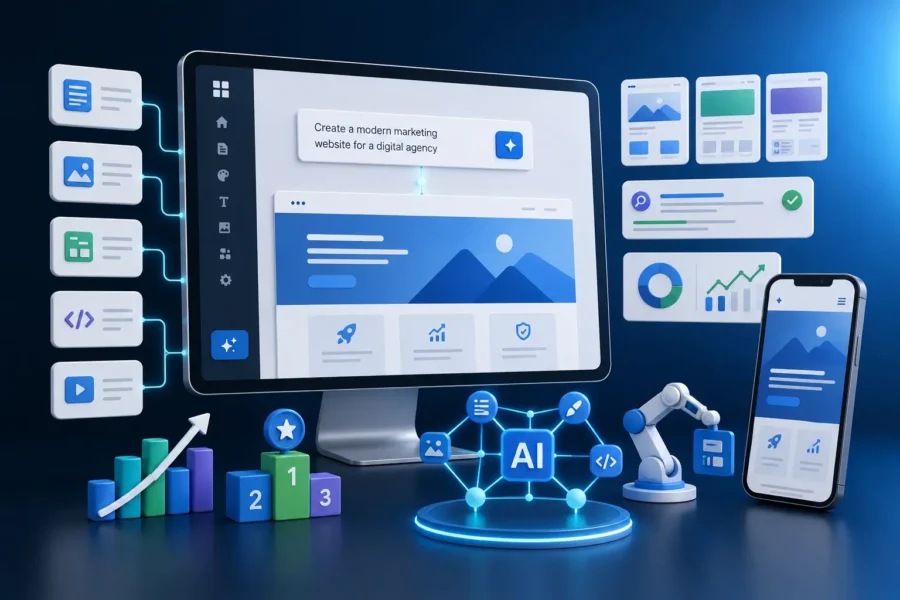AI website builder creating a responsive small business website from a text prompt with AI content blocks, SEO panels and mobile preview