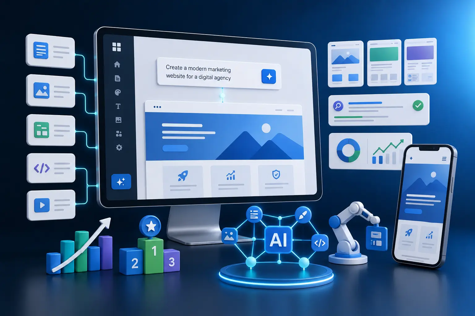 AI website builder creating a responsive small business website from a text prompt with AI content blocks, SEO panels and mobile preview