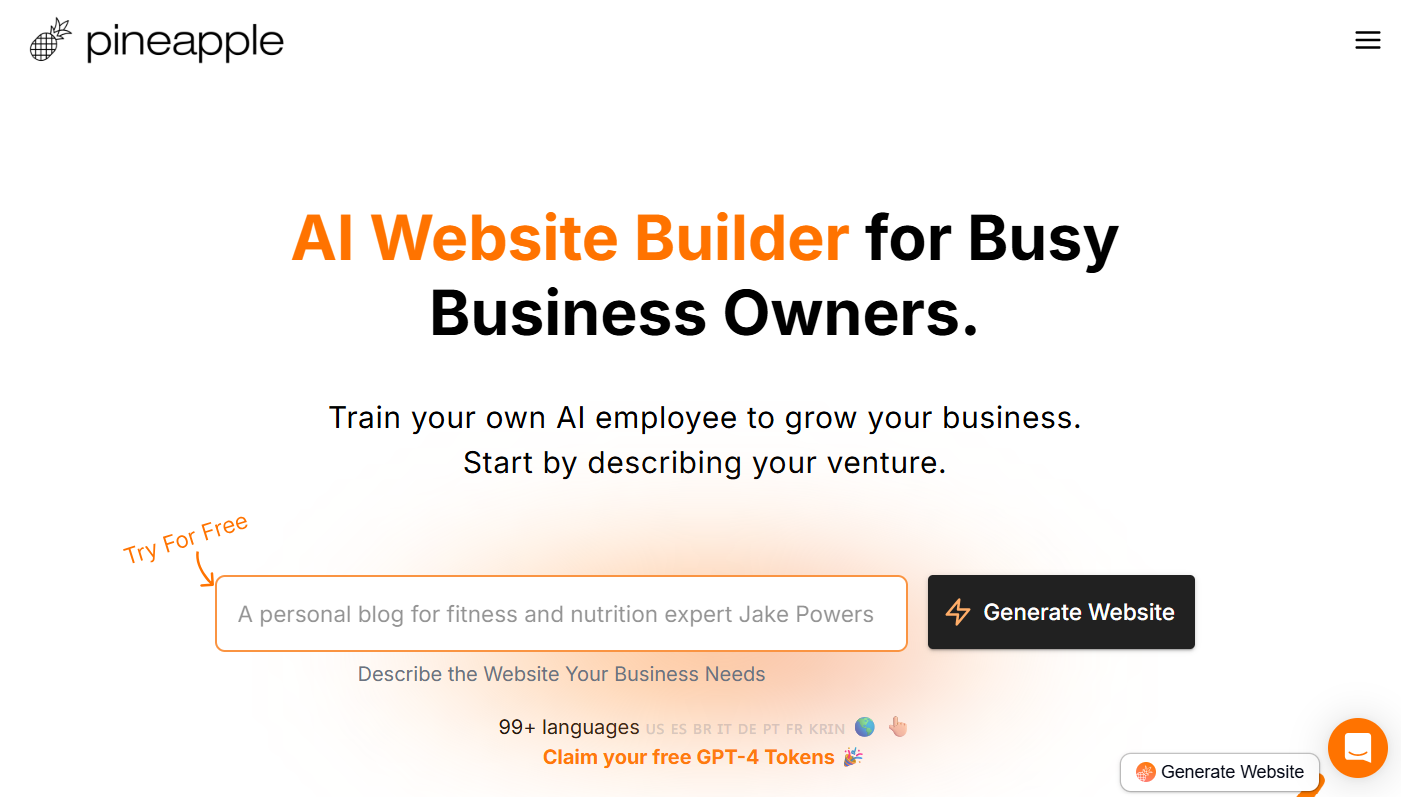 Pineapple Builder AI website builder interface