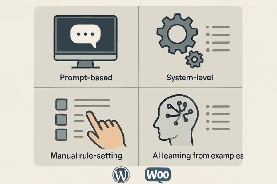Comparison table illustrating AI chatbot brand voice customization methods for small businesses, highlighting differences in flexibility, complexity, and WordPress/WooCommerce integration.