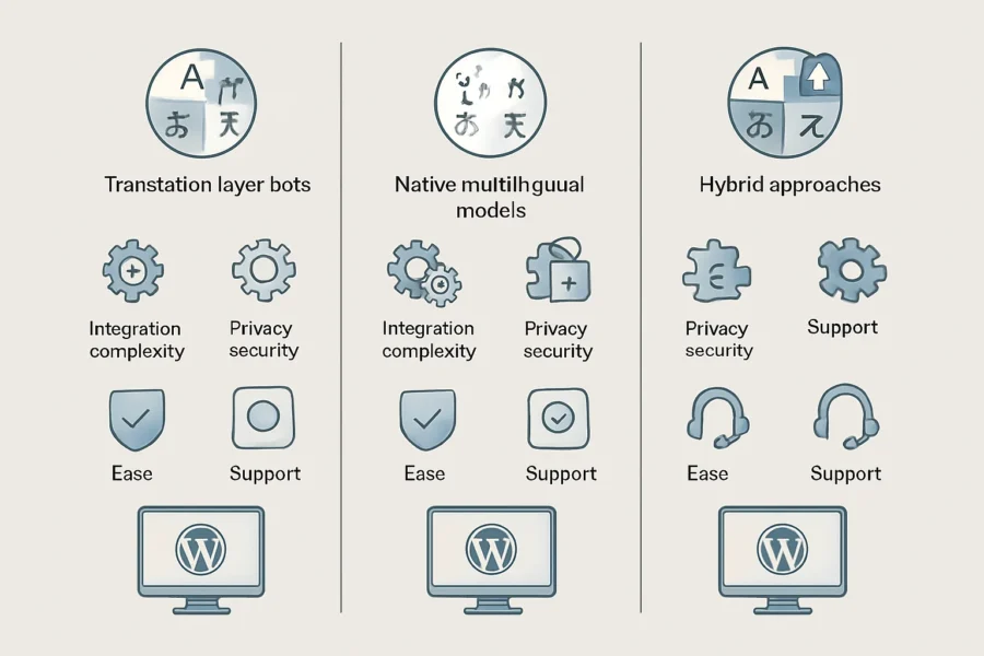 Comparison table showing translation-layer, native multilingual, and hybrid AI assistants for small business multilingual customer service, with icons for language support, integration, privacy, setup, and support options.