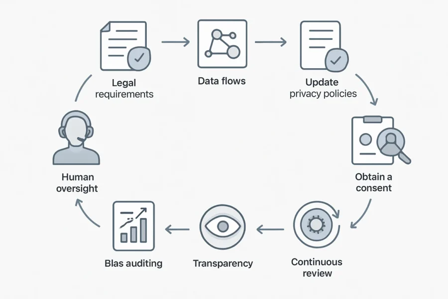Flowchart depicting the AI customer service compliance framework for small businesses, showing legal, ethical, and practical steps as a continuous process.