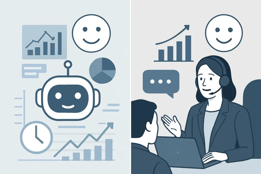 Infographic comparing AI chatbot and human customer service agent, illustrating response time, satisfaction, scalability, and cost efficiency.