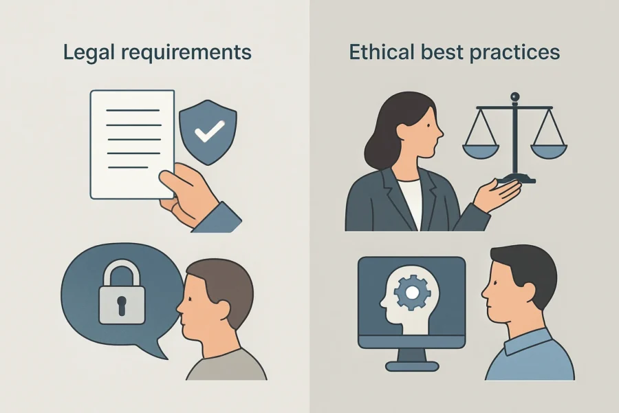 Infographic comparing legal obligations and ethical best practices in AI customer service for small business, with icons for privacy, transparency, consent, bias, and human support.