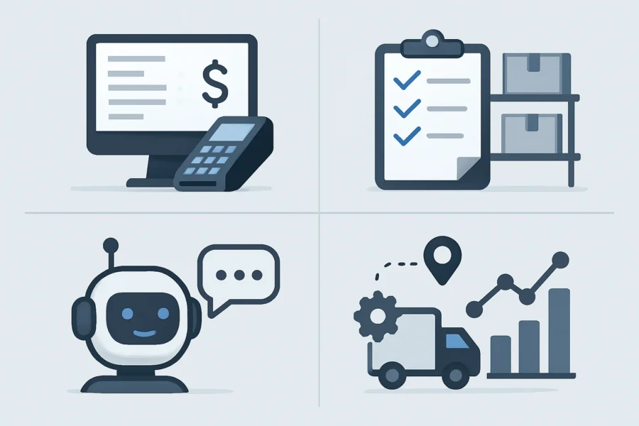 Infographic comparing POS, inventory, chatbot, supply chain, and analytics automation solutions for retail.