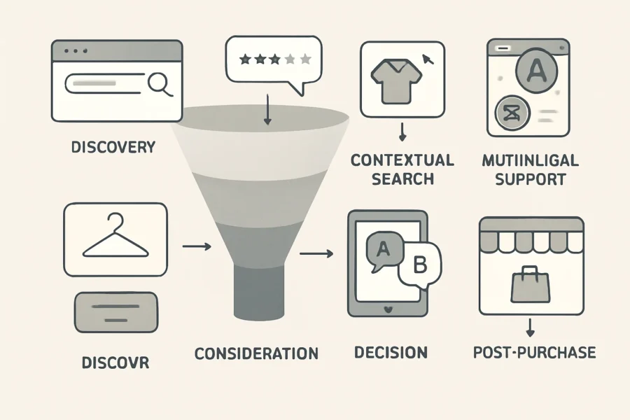 Infographic mapping essential AI shopping assistant features to key ecommerce funnel stages for small online stores.