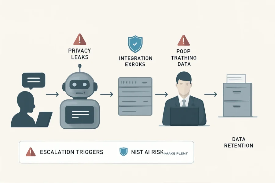 Infographic showing small business AI chatbot process flow, risk points, privacy checkpoints, and escalation paths
