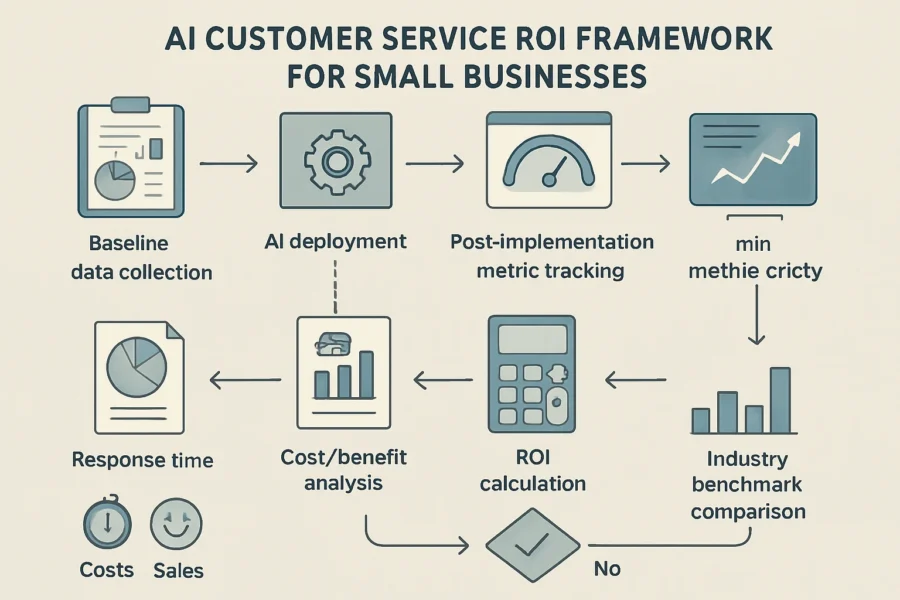 Infographic visualizing the AI customer service ROI framework for small businesses, with steps from baseline data to decision points and key metrics highlighted.
