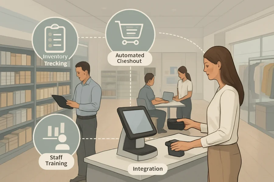Retail automation decision criteria infographic showing integration, staff readiness, and solution comparison in a store setting.