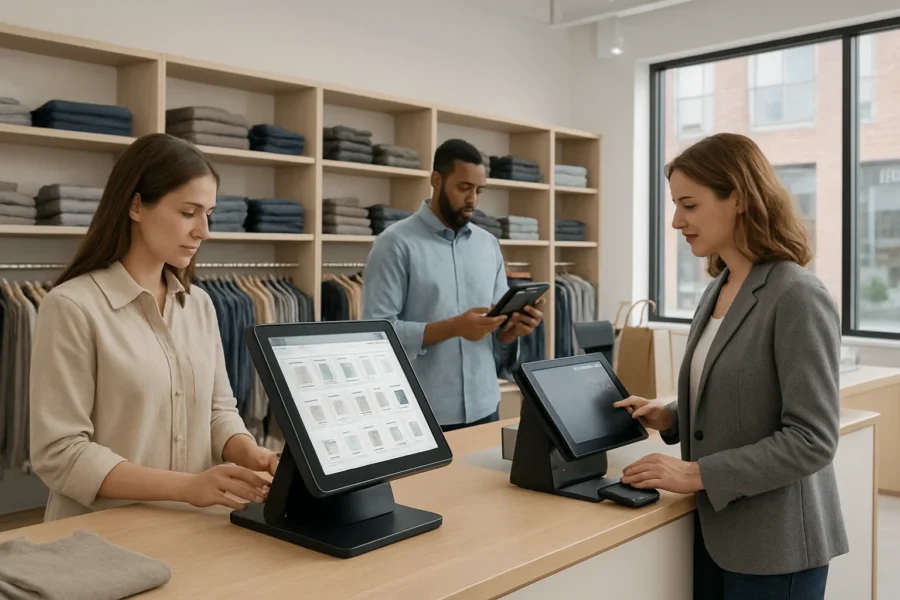 Retail staff managing inventory and serving customers using digital automation systems at checkout and shelves.