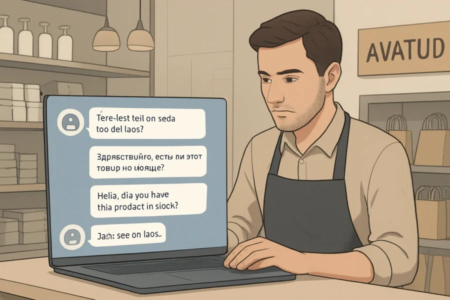 Retail staff using a laptop with a multilingual AI chat answering customer questions in Estonian, Russian, and English in a modern shop.
