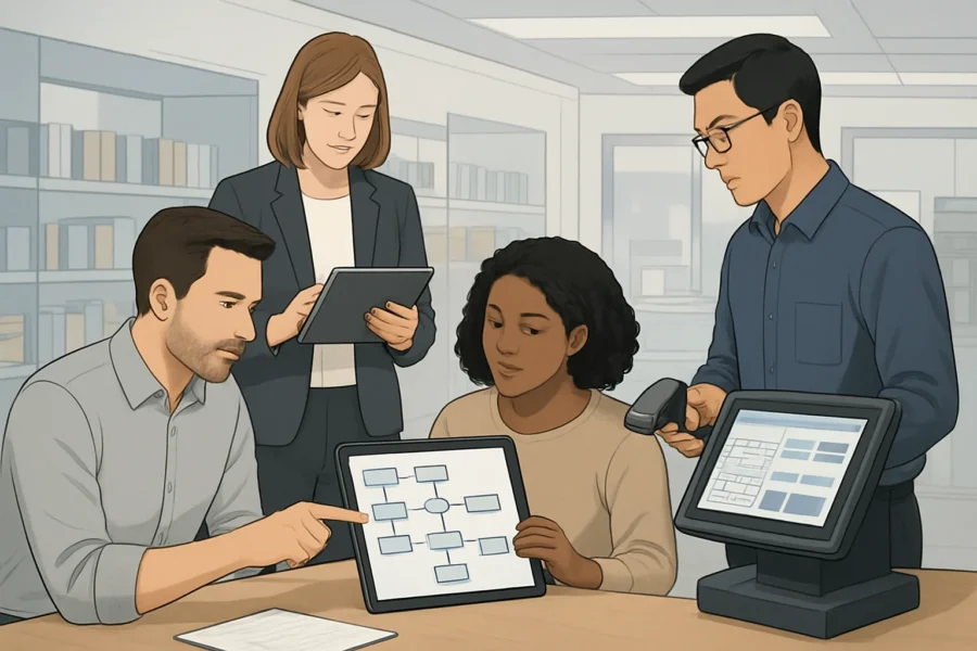 Retail team mapping business processes and piloting automation solutions using digital tools.