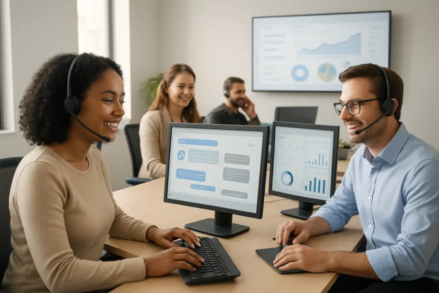 Small business customer service team collaborating with AI chatbots and human agents, reviewing ROI metrics dashboards, and assisting smiling customers.