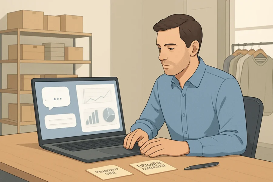 Small business owner analyzing AI chatbot performance metrics on a laptop in a retail office.