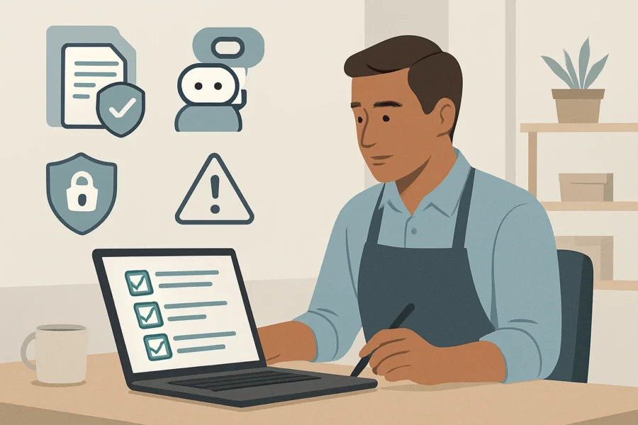Small business owner checking AI customer service compliance checklist with privacy, AI, and bias symbols.