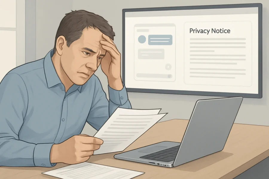 Small business owner reviewing AI chatbot data and privacy policies on a laptop, with a chatbot and privacy notice visible on the website.