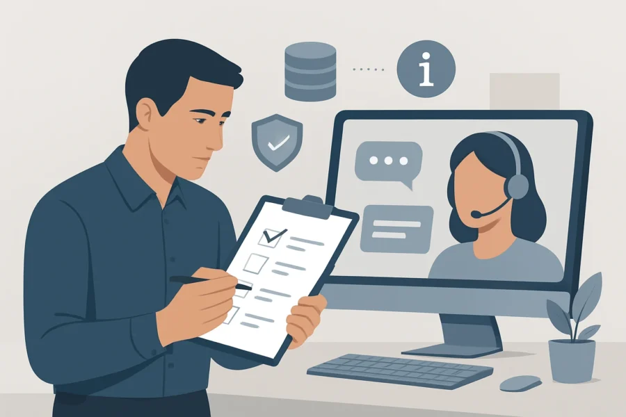 Small business owner reviewing AI chatbot setup for data security and customer support best practices.
