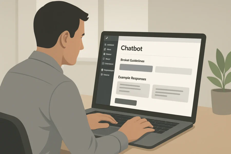 Small business owner setting up AI chatbot brand voice in WordPress WooCommerce plugin dashboard