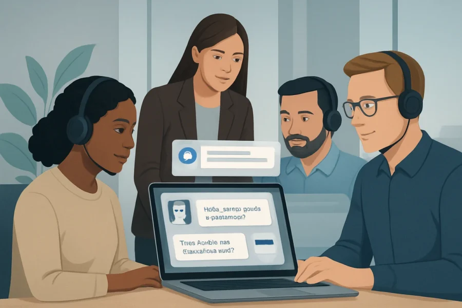 Small business team using an AI assistant for multilingual customer support, with chat windows in different languages.