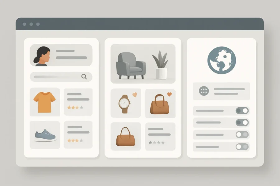 Visual dashboard comparing AI shopping assistant features for small ecommerce sites, highlighting product search, recommendations, multilingual support, and plugin integration.