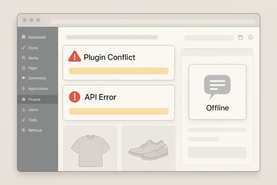 WordPress admin dashboard showing plugin conflicts, API error, and offline AI chatbot on a WooCommerce site.